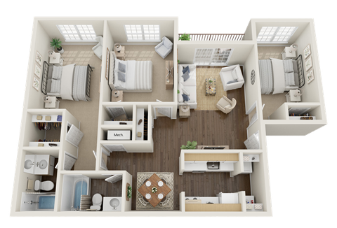 Village Square of Searcy 3 Bedroom 2 Bath 1097 sq foot 3D Floor Plan